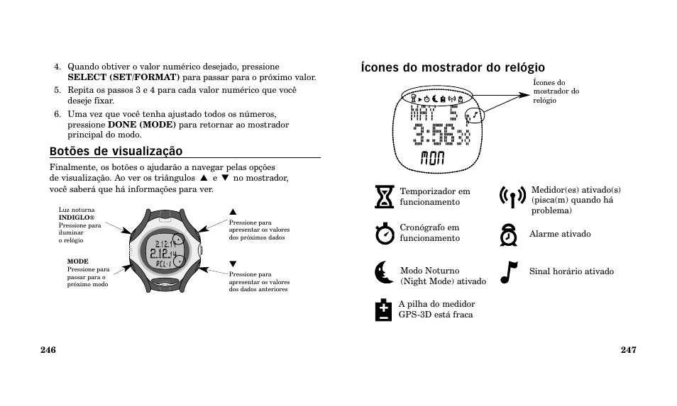 Ícones do mostrador do relógio, Botões de visualização | Timex Performance Watch User Manual | Page 125 / 159