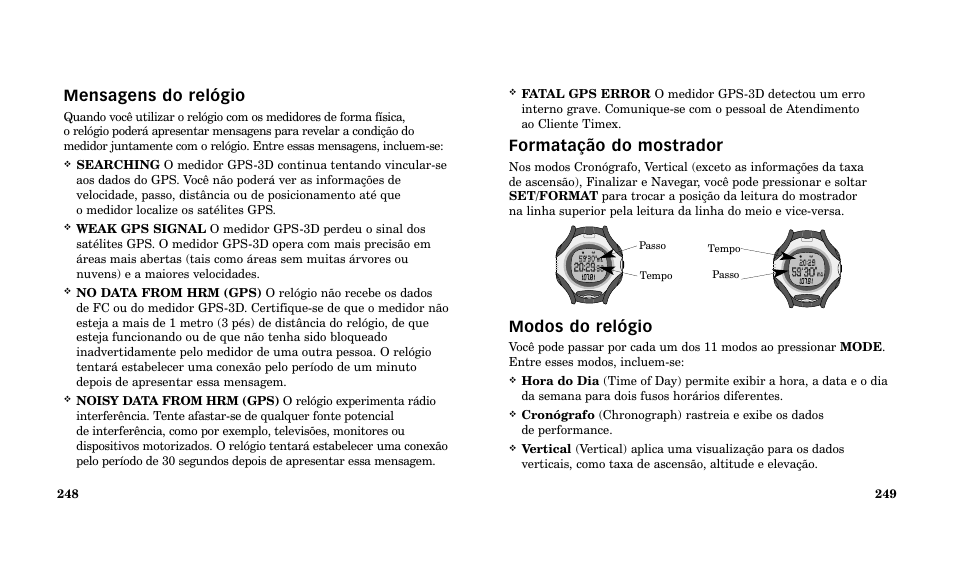 Formatação do mostrador, Modos do relógio, Mensagens do relógio | Timex Performance Watch User Manual | Page 126 / 159