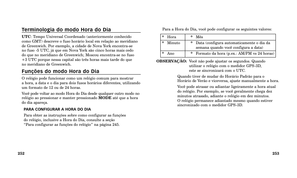 Terminologia do modo hora do dia, Funções do modo hora do dia | Timex Performance Watch User Manual | Page 128 / 159