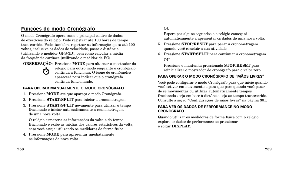 Funções do modo cronógrafo | Timex Performance Watch User Manual | Page 131 / 159