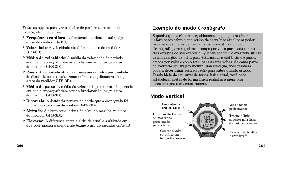 Exemplo do modo cronógrafo modo vertical | Timex Performance Watch User Manual | Page 132 / 159