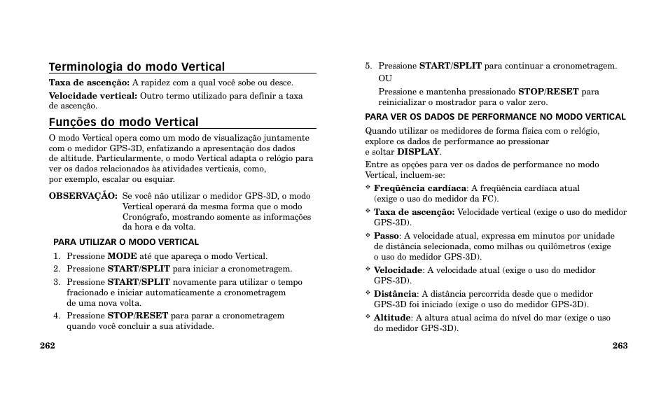 Terminologia do modo vertical, Funções do modo vertical | Timex Performance Watch User Manual | Page 133 / 159