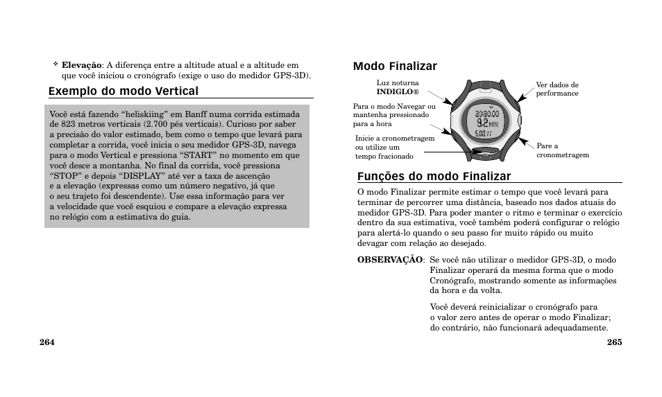 Modo finalizar funções do modo finalizar, Exemplo do modo vertical | Timex Performance Watch User Manual | Page 134 / 159