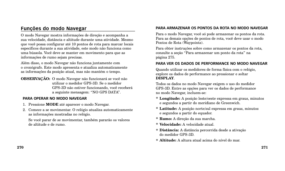 Funções do modo navegar | Timex Performance Watch User Manual | Page 137 / 159