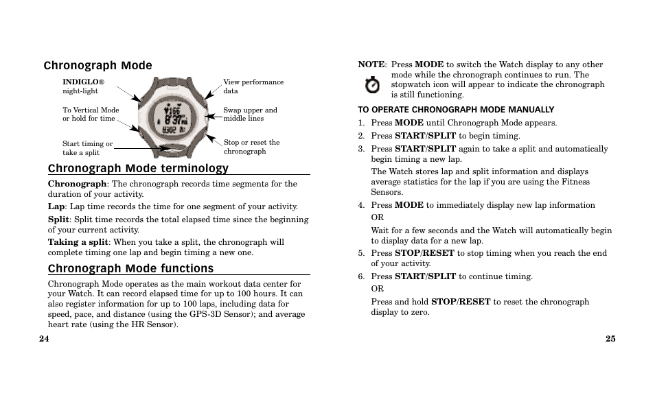 Chronograph mode chronograph mode terminology, Chronograph mode functions | Timex Performance Watch User Manual | Page 14 / 159