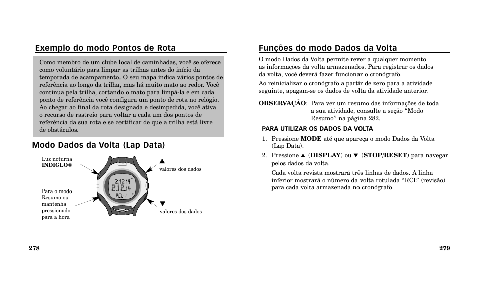 Funções do modo dados da volta | Timex Performance Watch User Manual | Page 141 / 159