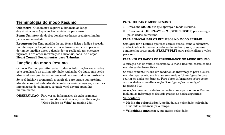 Terminologia do modo resumo, Funções do modo resumo | Timex Performance Watch User Manual | Page 143 / 159