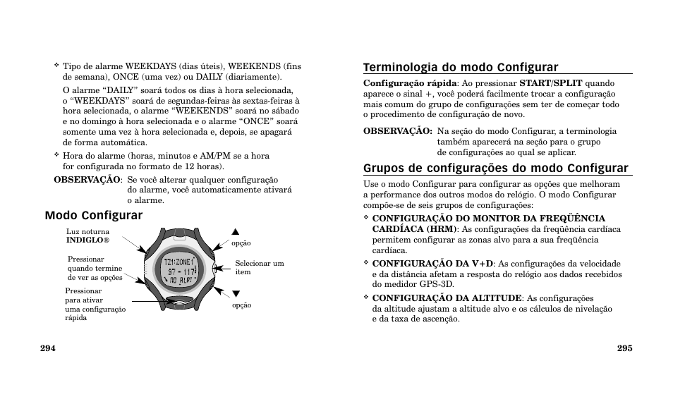 Terminologia do modo configurar, Grupos de configurações do modo configurar, Modo configurar | Timex Performance Watch User Manual | Page 149 / 159