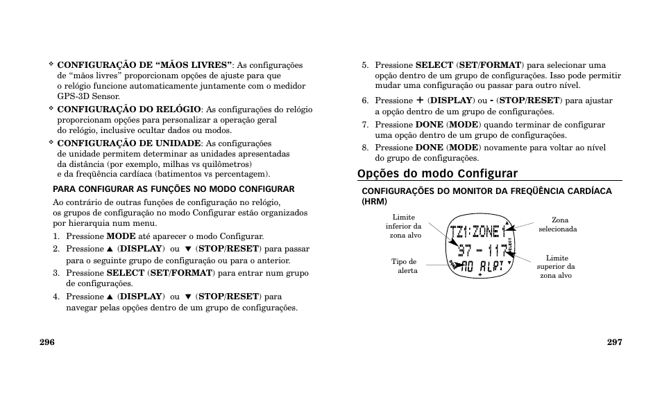 Opções do modo configurar | Timex Performance Watch User Manual | Page 150 / 159