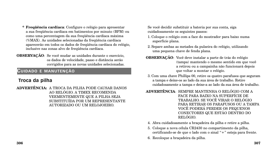 Troca da pilha | Timex Performance Watch User Manual | Page 155 / 159
