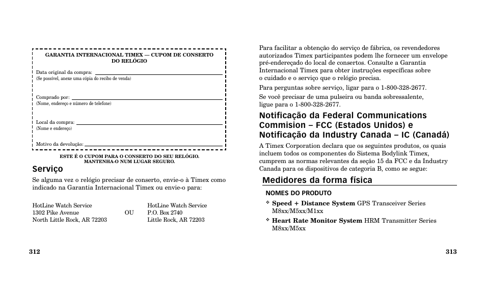 Medidores da forma física, Serviço | Timex Performance Watch User Manual | Page 158 / 159