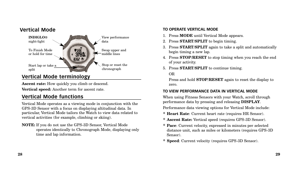 Vertical mode vertical mode terminology, Vertical mode functions | Timex Performance Watch User Manual | Page 16 / 159