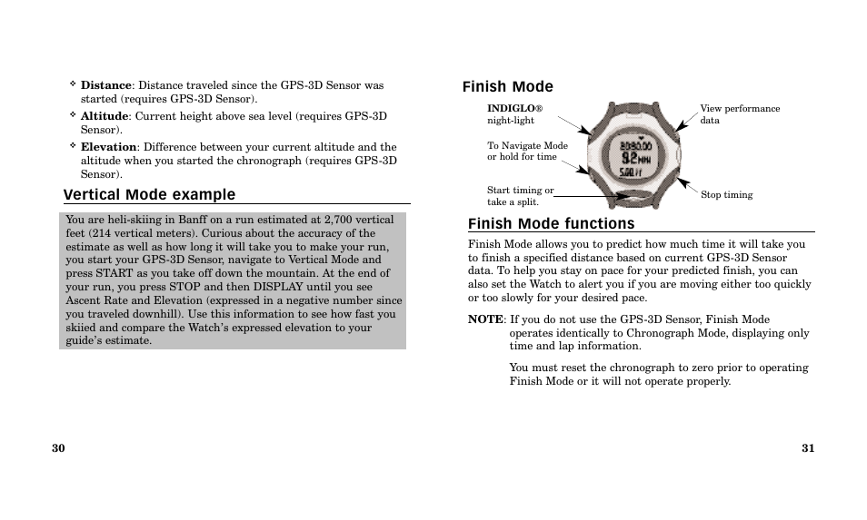Finish mode finish mode functions, Vertical mode example | Timex Performance Watch User Manual | Page 17 / 159