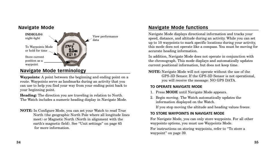 Navigate mode functions, Navigate mode navigate mode terminology | Timex Performance Watch User Manual | Page 19 / 159