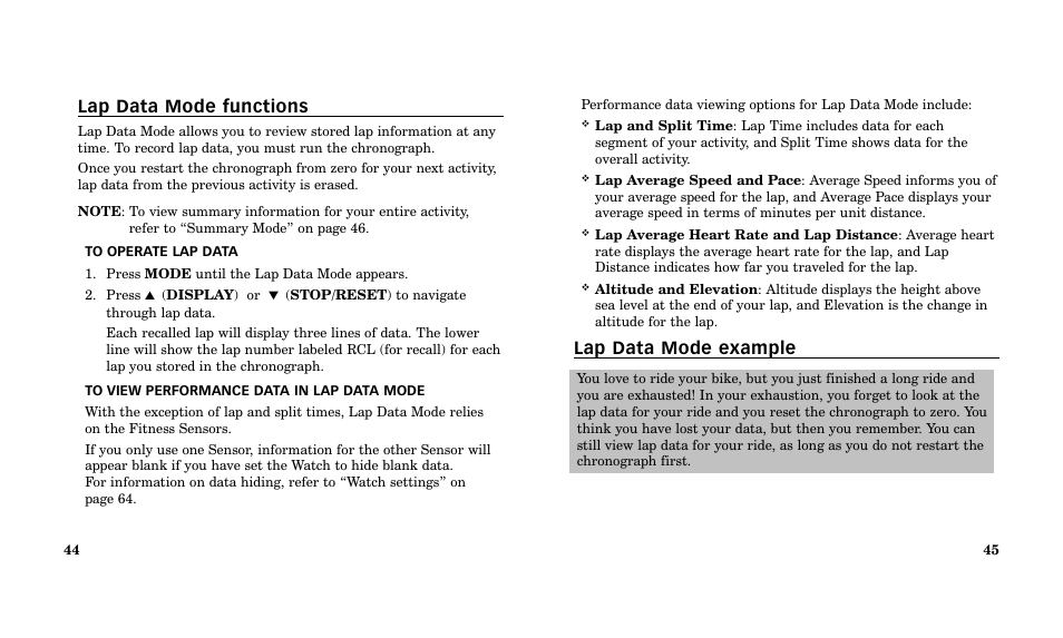 Lap data mode example, Lap data mode functions | Timex Performance Watch User Manual | Page 24 / 159