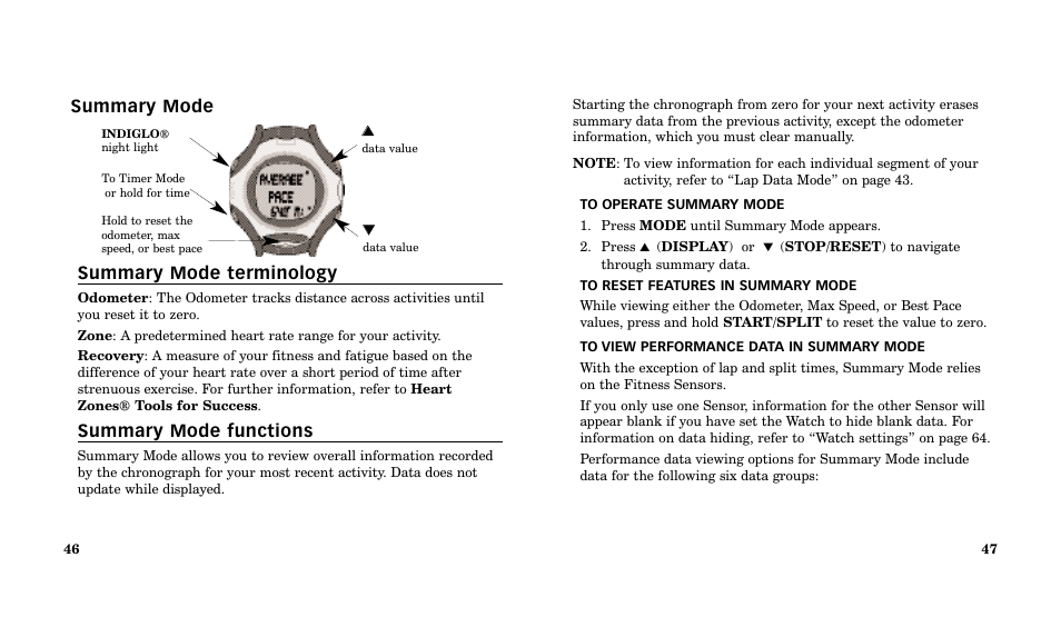 Summary mode summary mode terminology, Summary mode functions | Timex Performance Watch User Manual | Page 25 / 159