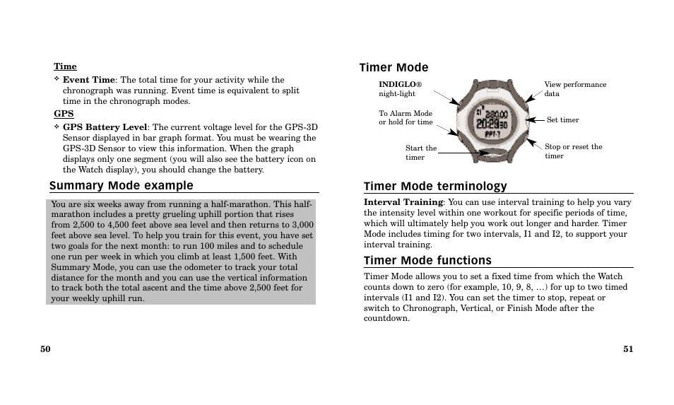 Timer mode timer mode terminology, Timer mode functions, Summary mode example | Timex Performance Watch User Manual | Page 27 / 159