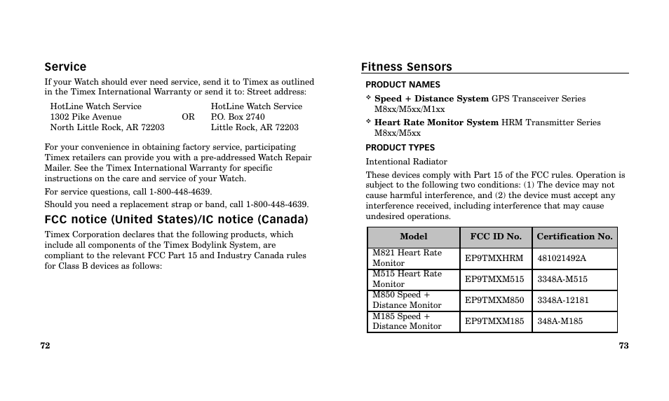 Fitness sensors, Service, Fcc notice (united states)/ic notice (canada) | Timex Performance Watch User Manual | Page 38 / 159