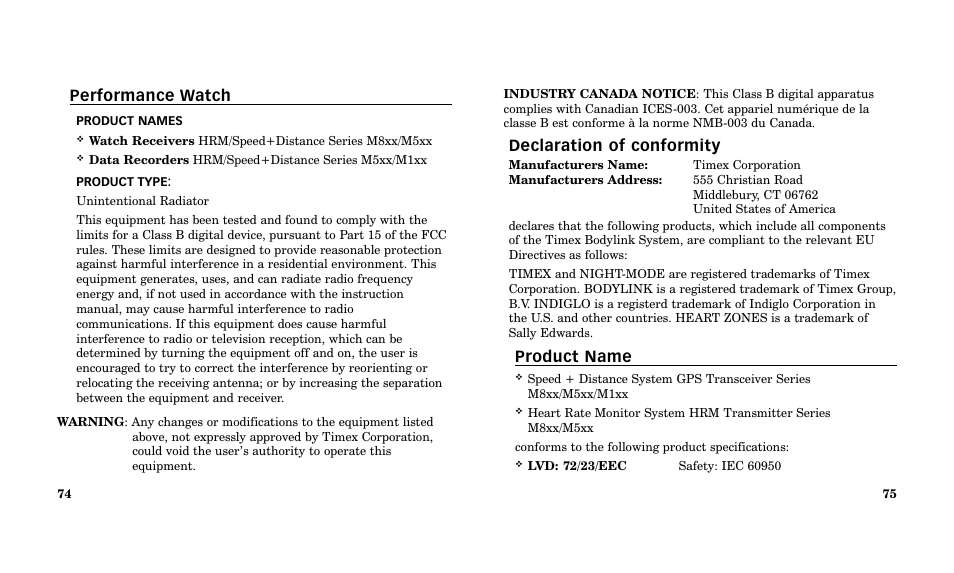 Performance watch, Declaration of conformity, Product name | Timex Performance Watch User Manual | Page 39 / 159