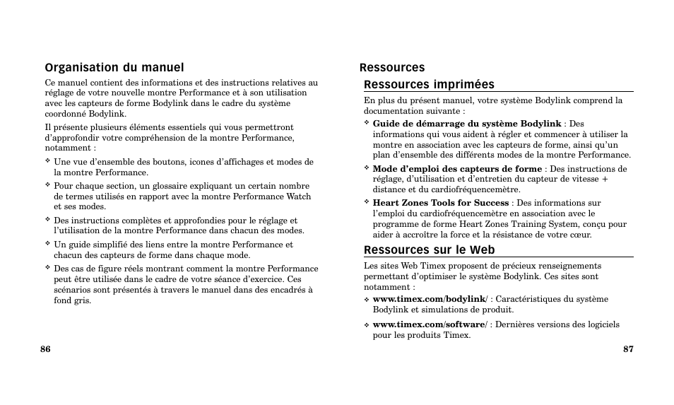 Organisation du manuel, Ressources ressources imprimées, Ressources sur le web | Timex Performance Watch User Manual | Page 45 / 159