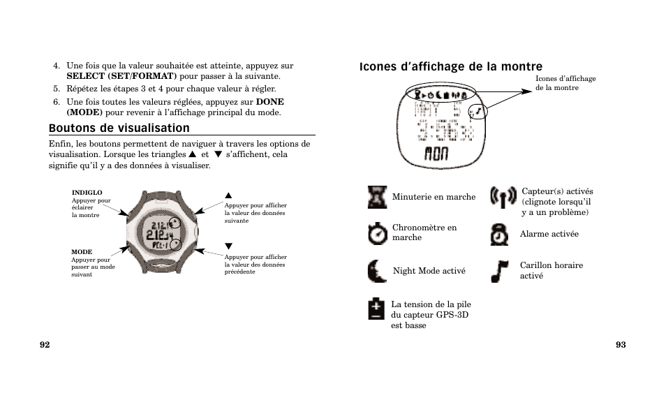 Icones d’affichage de la montre, Boutons de visualisation | Timex Performance Watch User Manual | Page 48 / 159
