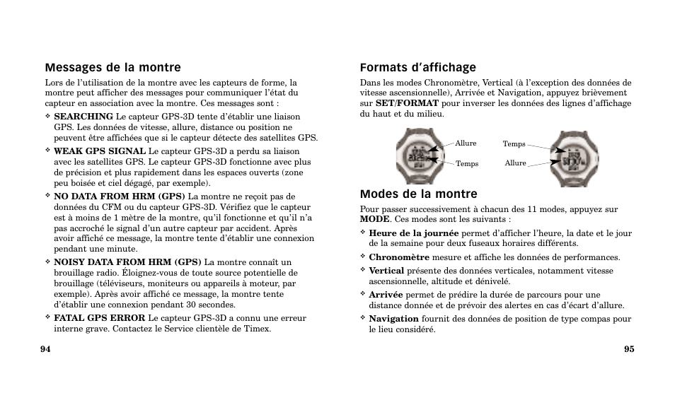 Formats d’affichage, Modes de la montre, Messages de la montre | Timex Performance Watch User Manual | Page 49 / 159