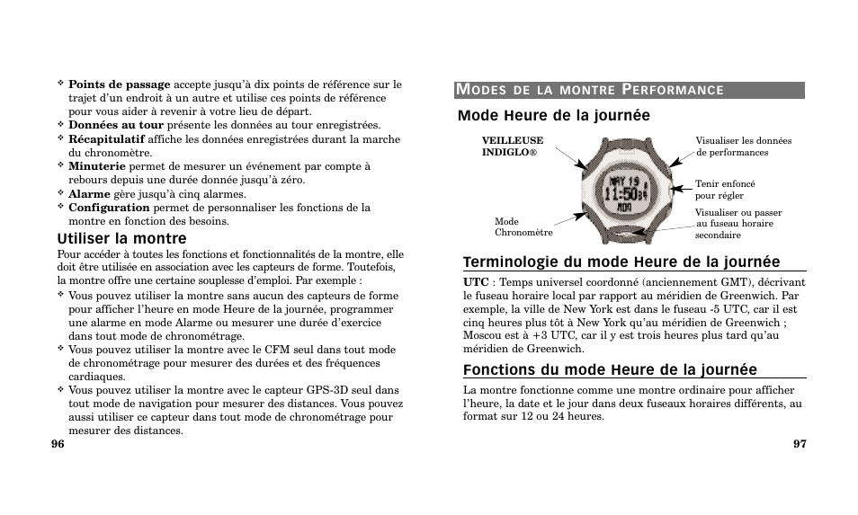 Fonctions du mode heure de la journée, Utiliser la montre | Timex Performance Watch User Manual | Page 50 / 159