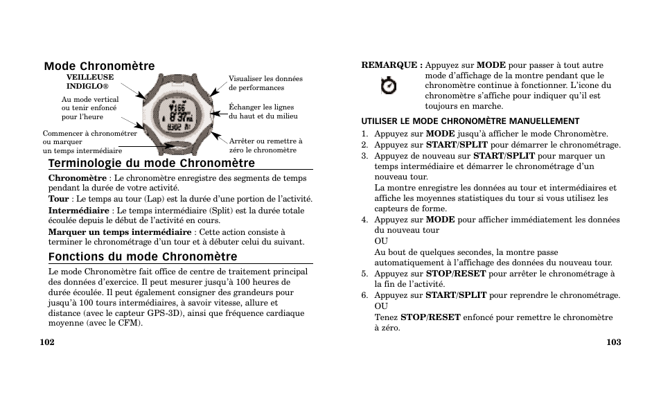 Mode chronomètre terminologie du mode chronomètre, Fonctions du mode chronomètre | Timex Performance Watch User Manual | Page 53 / 159