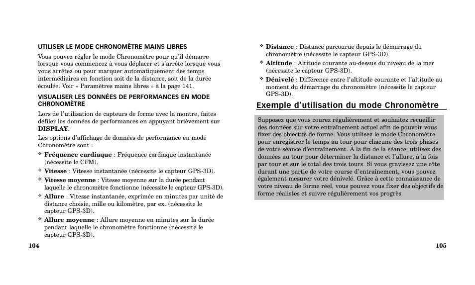 Exemple d’utilisation du mode chronomètre | Timex Performance Watch User Manual | Page 54 / 159