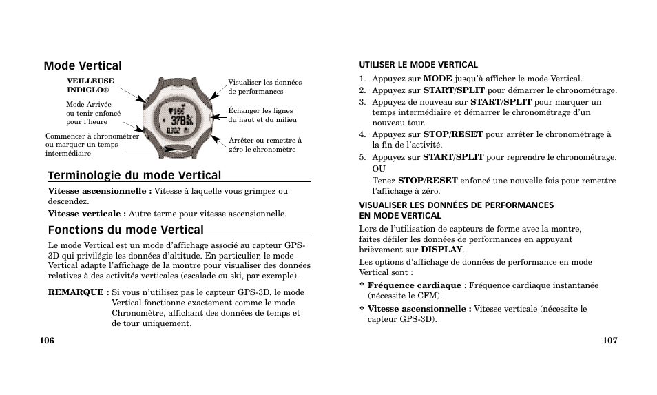 Mode vertical terminologie du mode vertical, Fonctions du mode vertical | Timex Performance Watch User Manual | Page 55 / 159