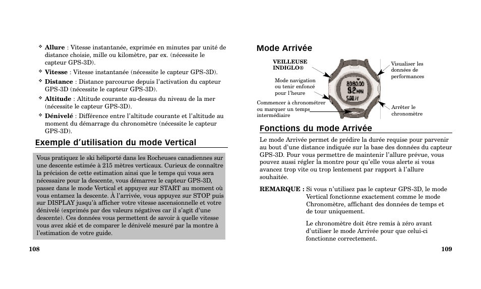 Mode arrivée fonctions du mode arrivée, Exemple d’utilisation du mode vertical | Timex Performance Watch User Manual | Page 56 / 159