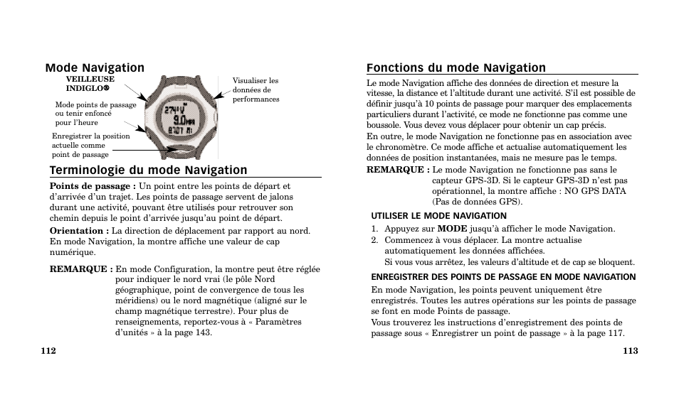 Fonctions du mode navigation, Mode navigation terminologie du mode navigation | Timex Performance Watch User Manual | Page 58 / 159