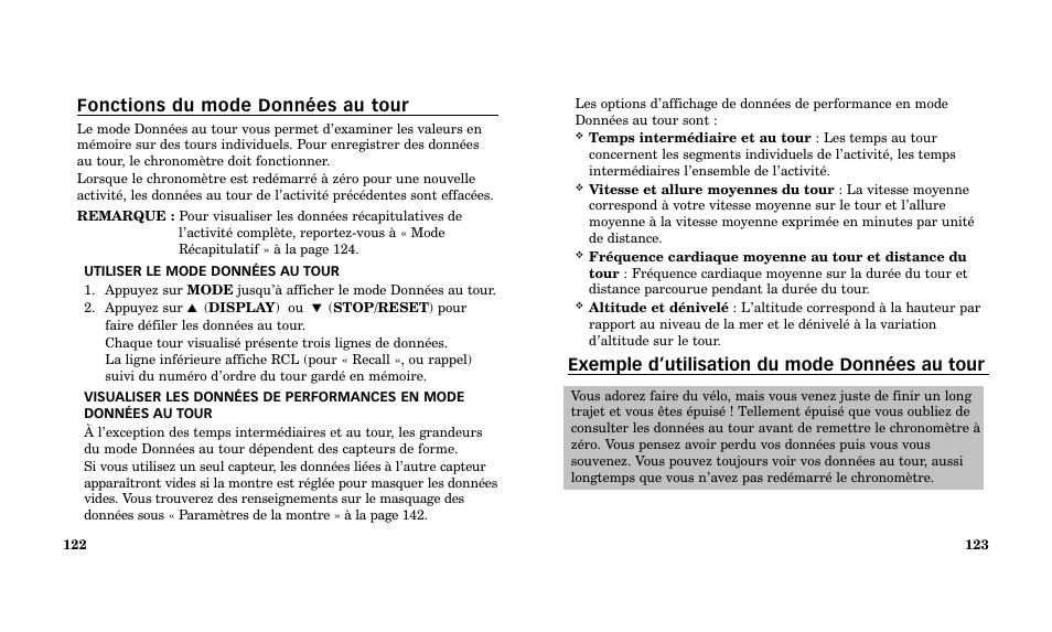 Exemple d’utilisation du mode données au tour, Fonctions du mode données au tour | Timex Performance Watch User Manual | Page 63 / 159