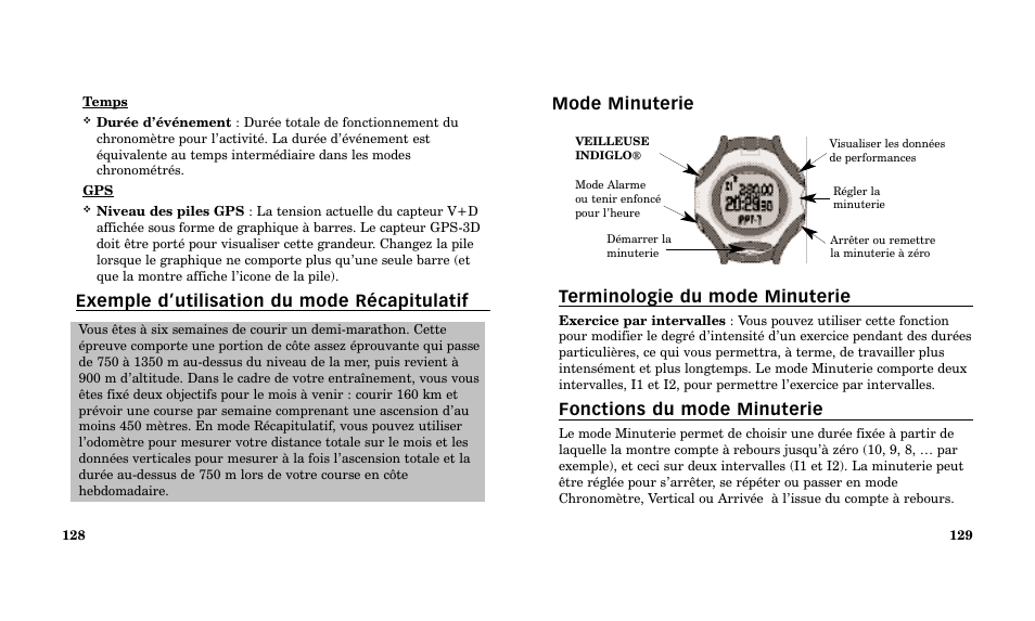 Mode minuterie terminologie du mode minuterie, Fonctions du mode minuterie, Exemple d’utilisation du mode récapitulatif | Timex Performance Watch User Manual | Page 66 / 159