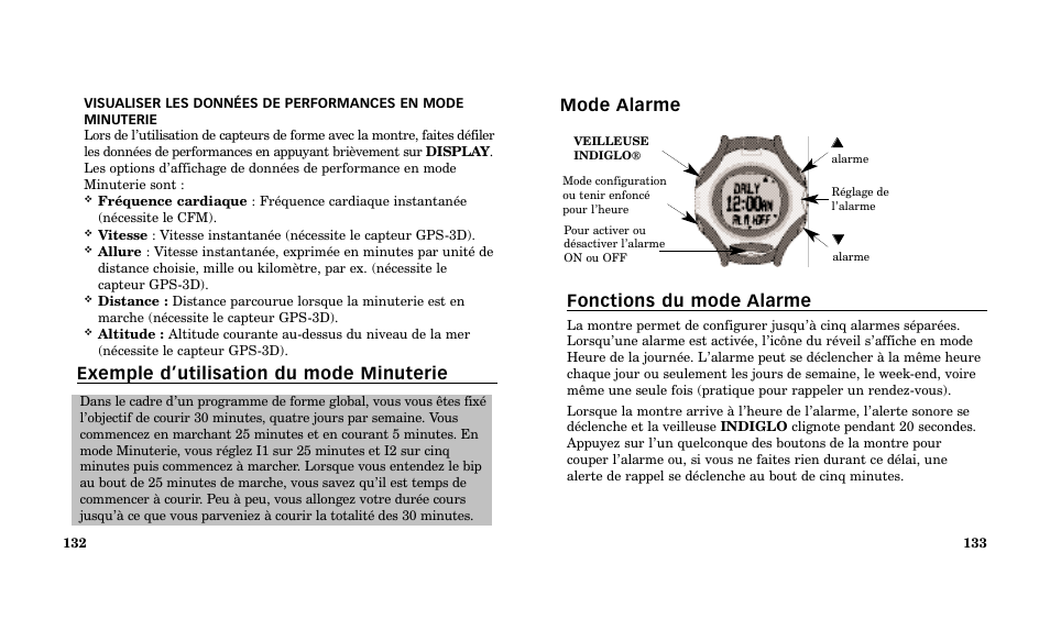 Mode alarme fonctions du mode alarme, Exemple d’utilisation du mode minuterie | Timex Performance Watch User Manual | Page 68 / 159
