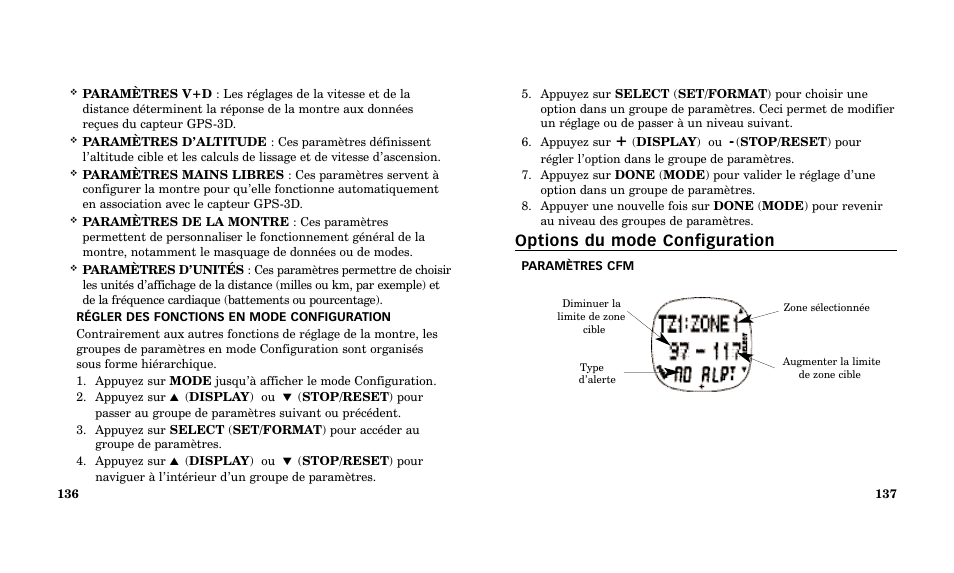 Options du mode configuration | Timex Performance Watch User Manual | Page 70 / 159