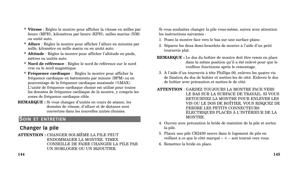 Changer la pile | Timex Performance Watch User Manual | Page 74 / 159