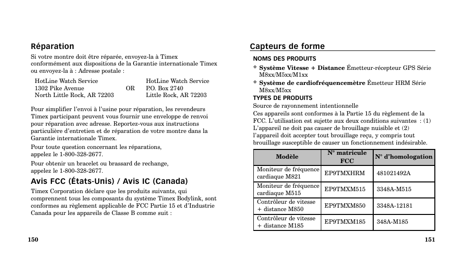 Capteurs de forme, Réparation, Avis fcc (états-unis) / avis ic (canada) | Timex Performance Watch User Manual | Page 77 / 159