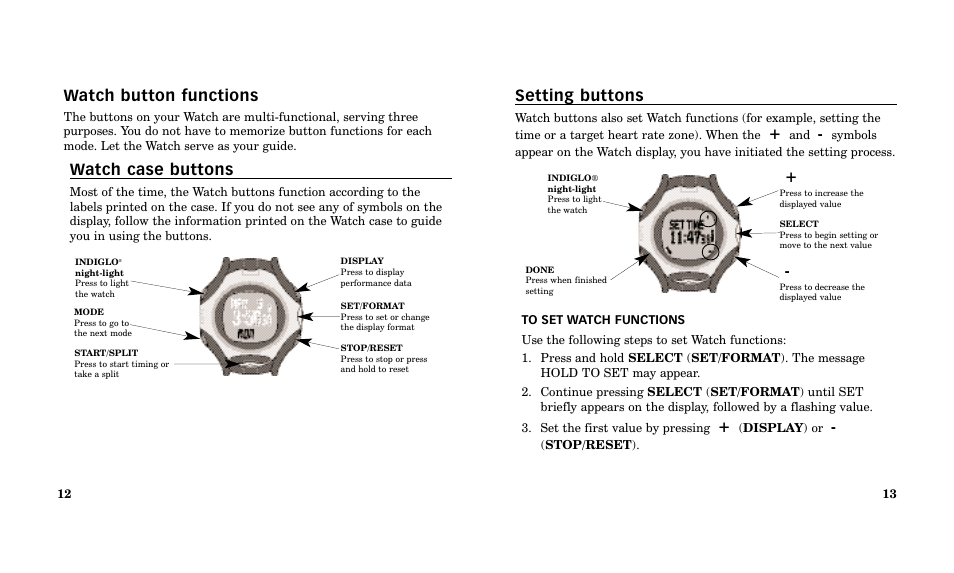 Setting buttons, Watch button functions, Watch case buttons | Timex Performance Watch User Manual | Page 8 / 159