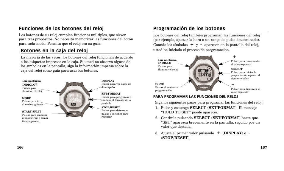 Programación de los botones, Funciones de los botones del reloj, Botones en la caja del reloj | Timex Performance Watch User Manual | Page 85 / 159