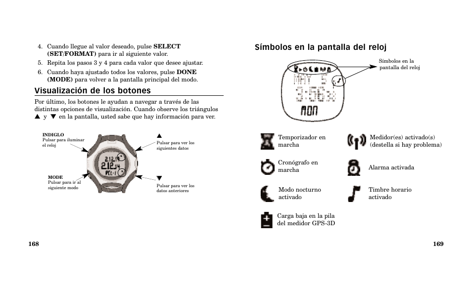 Símbolos en la pantalla del reloj, Visualización de los botones | Timex Performance Watch User Manual | Page 86 / 159