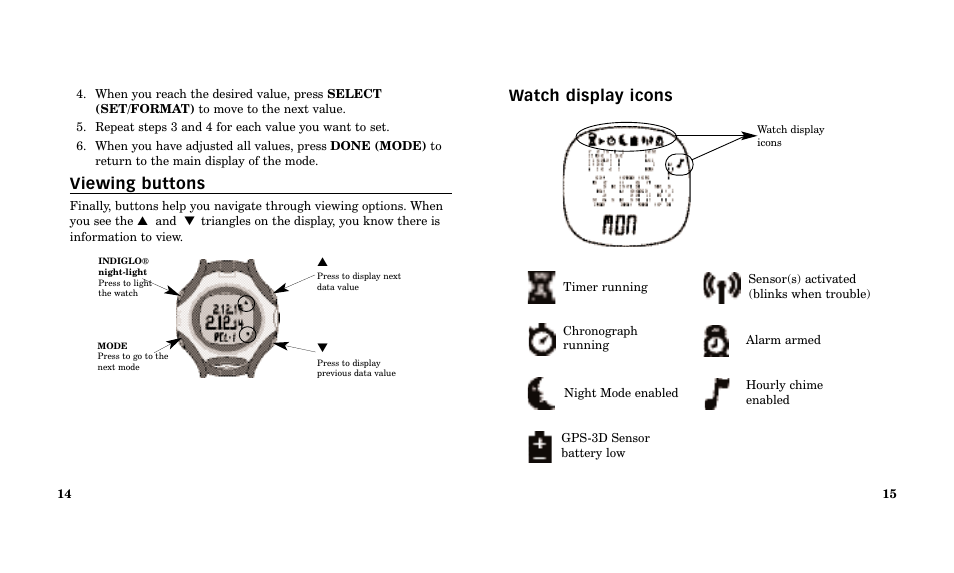 Watch display icons, Viewing buttons | Timex Performance Watch User Manual | Page 9 / 159