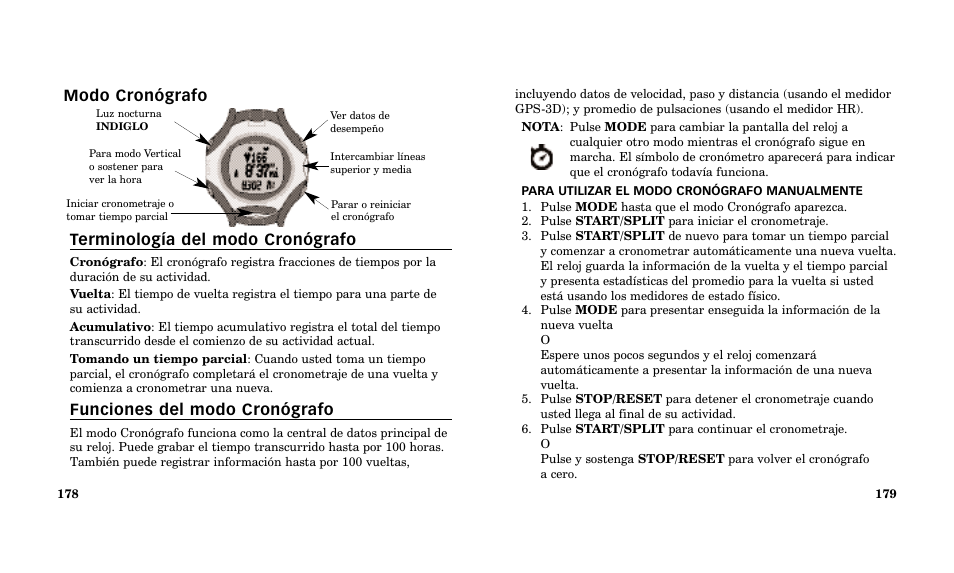 Modo cronógrafo terminología del modo cronógrafo, Funciones del modo cronógrafo | Timex Performance Watch User Manual | Page 91 / 159