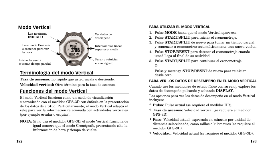 Modo vertical terminología del modo vertical, Funciones del modo vertical | Timex Performance Watch User Manual | Page 93 / 159