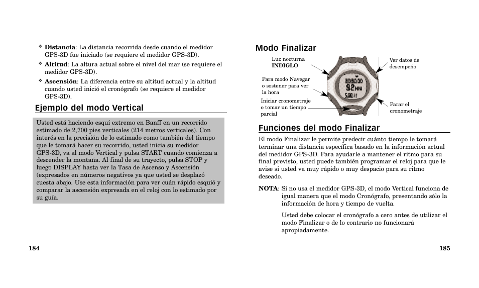 Modo finalizar funciones del modo finalizar, Ejemplo del modo vertical | Timex Performance Watch User Manual | Page 94 / 159