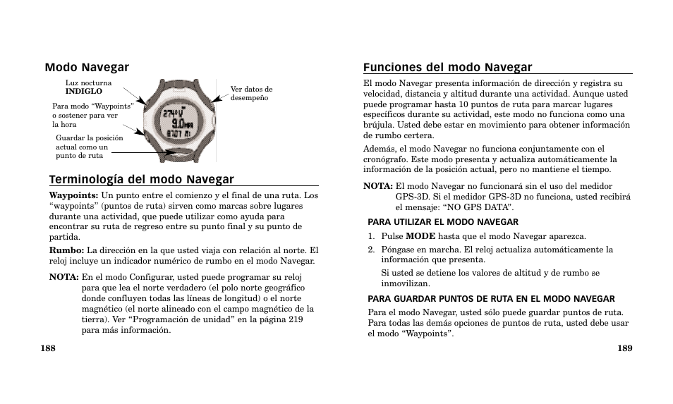 Funciones del modo navegar, Modo navegar terminología del modo navegar | Timex Performance Watch User Manual | Page 96 / 159