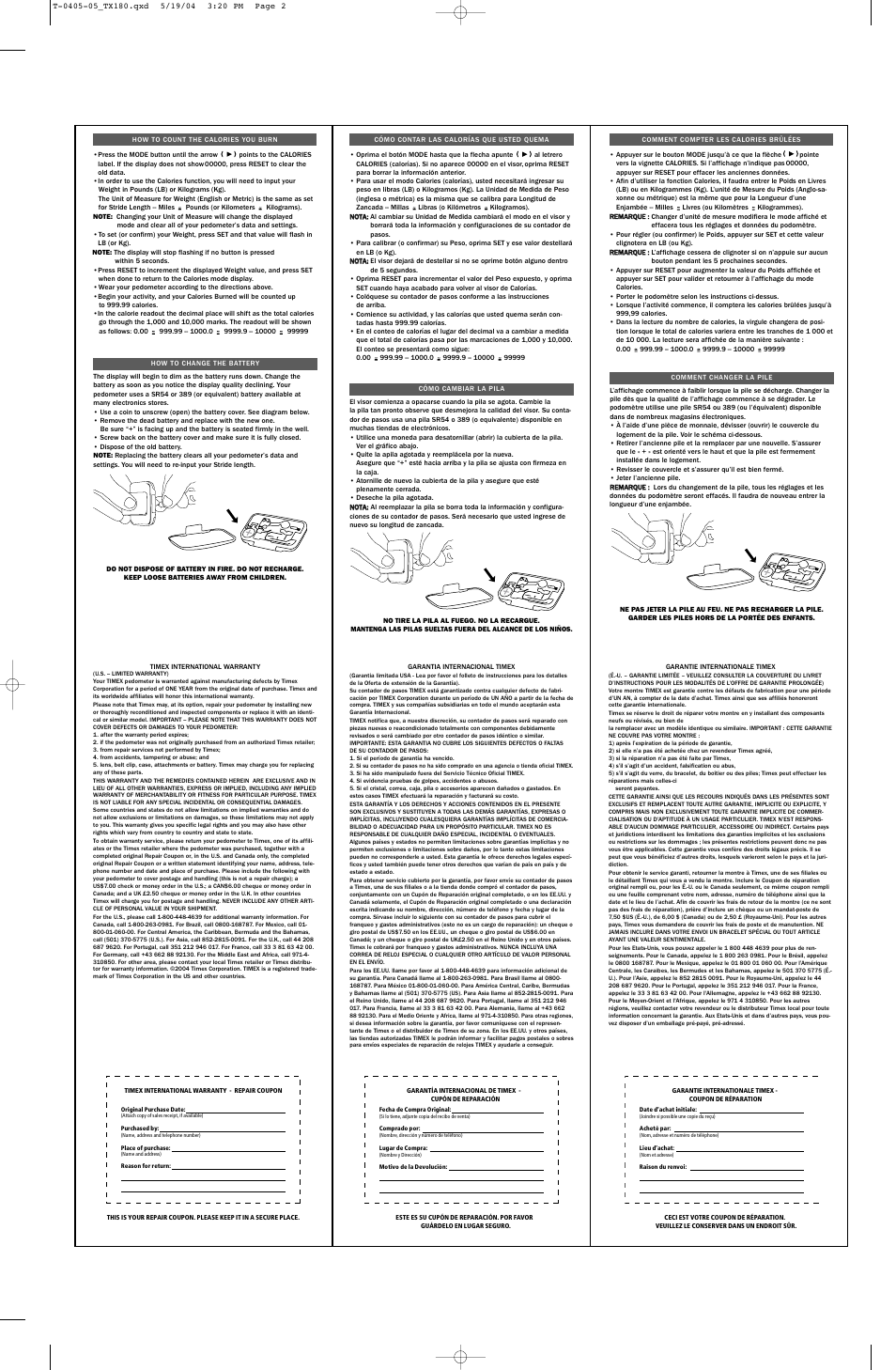 Timex W-180 US User Manual | Page 2 / 2