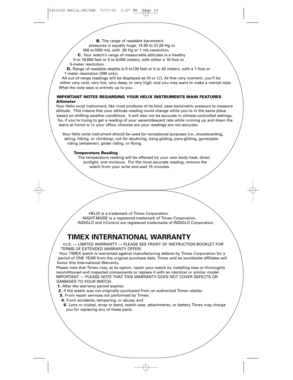 Timex international warranty | Timex Helix User Manual | Page 14 / 46