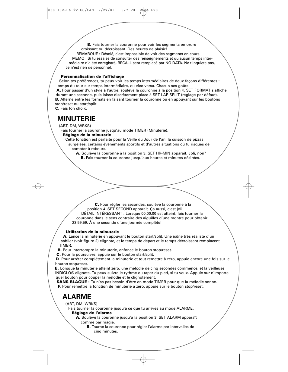 Minuterie, Alarme | Timex Helix User Manual | Page 20 / 46