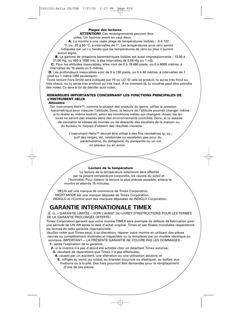 Garantie internationale timex | Timex Helix User Manual | Page 29 / 46